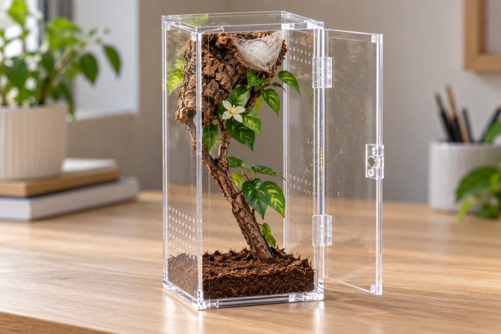 jumping spider enclosure with front door, top hide and cross ventilation