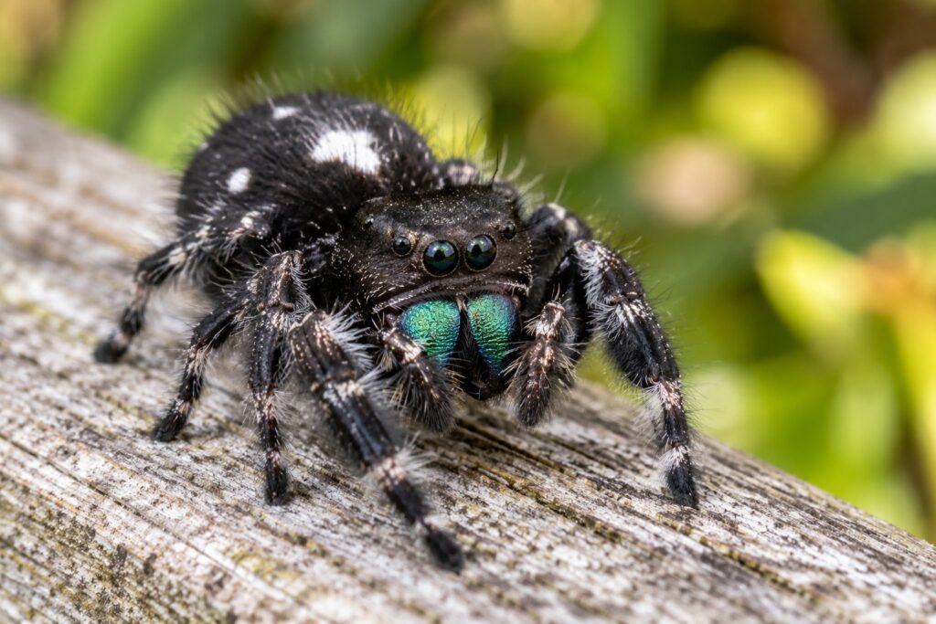 Phidippus audax bold jumping spider with white abdomen spot and green chelicerae