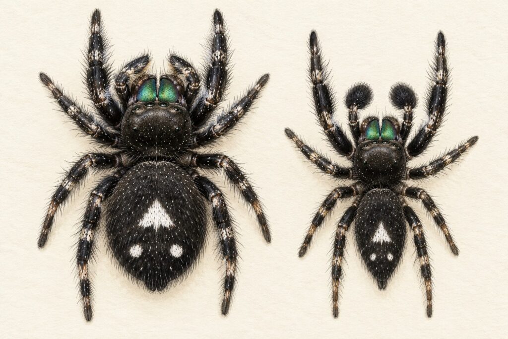 female and male bold jumping spider compared, showing size and pedipalps