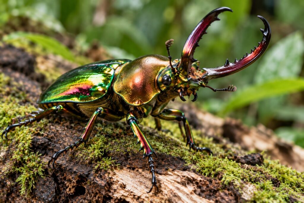 male rainbow stag beetle with metallic green and copper shell on a rotting log