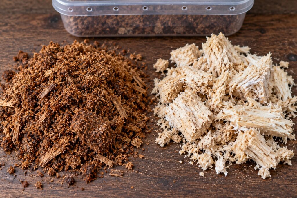 flake soil and crumbled white-rot hardwood used as stag beetle larva substrate