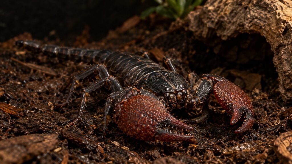 Red claw scorpion Pandinus cavimanus showing reddish-brown pincers against a dark body
