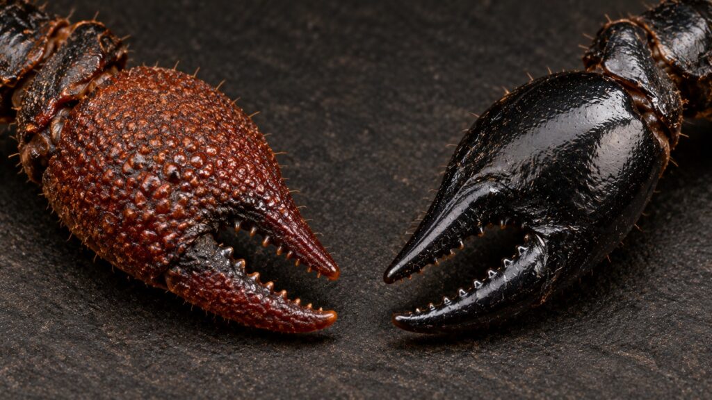 Red claw and emperor scorpion pincers compared, showing texture and colour differences
