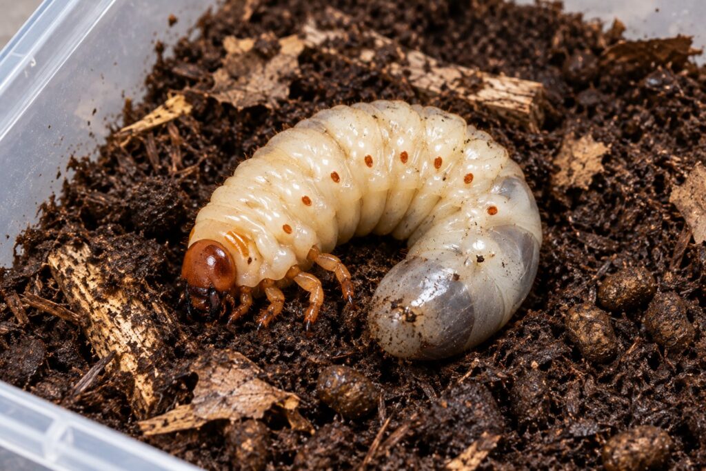 rhino beetle grub curled on dark flake soil substrate