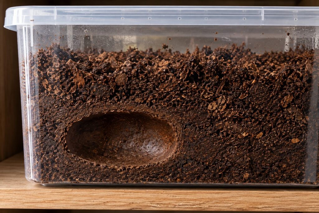 rhinoceros beetle pupal cell visible through the side of a substrate tub
