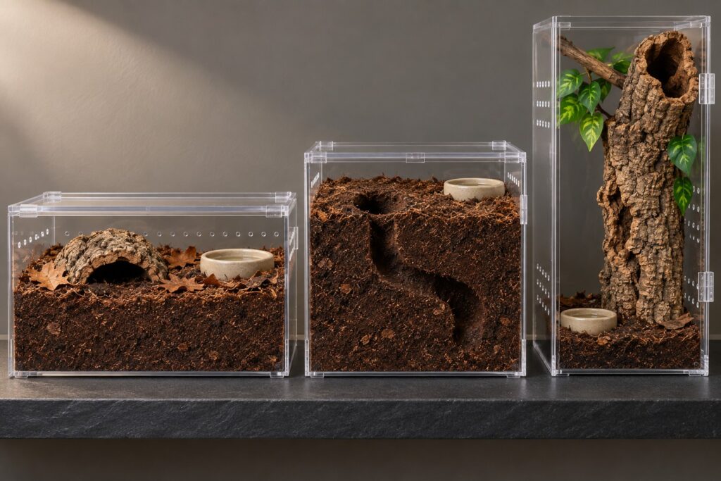 tarantula enclosure types side by side: terrestrial, fossorial and arboreal setups