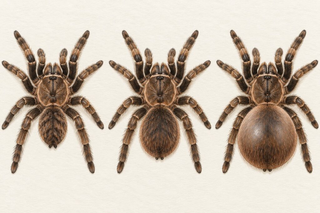 tarantula abdomen size compared with the carapace, from hungry to well fed to overfed